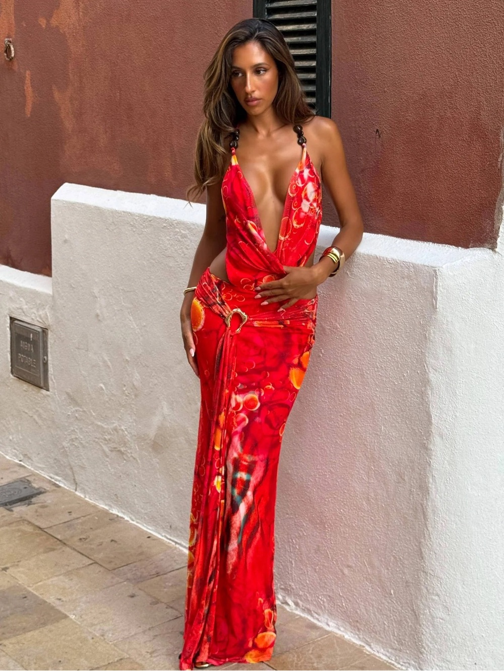OUTCAST Red Plunge Halter Maxi NWT